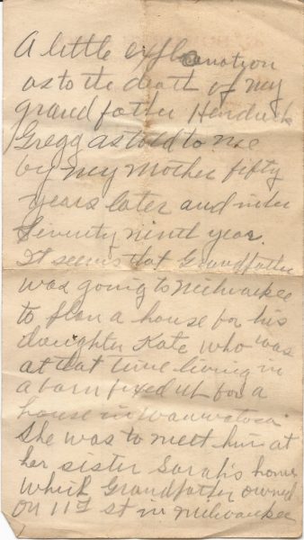 the 1st page of a note by harrison lewis gregg about the death of his grandfather hendrick gregg
